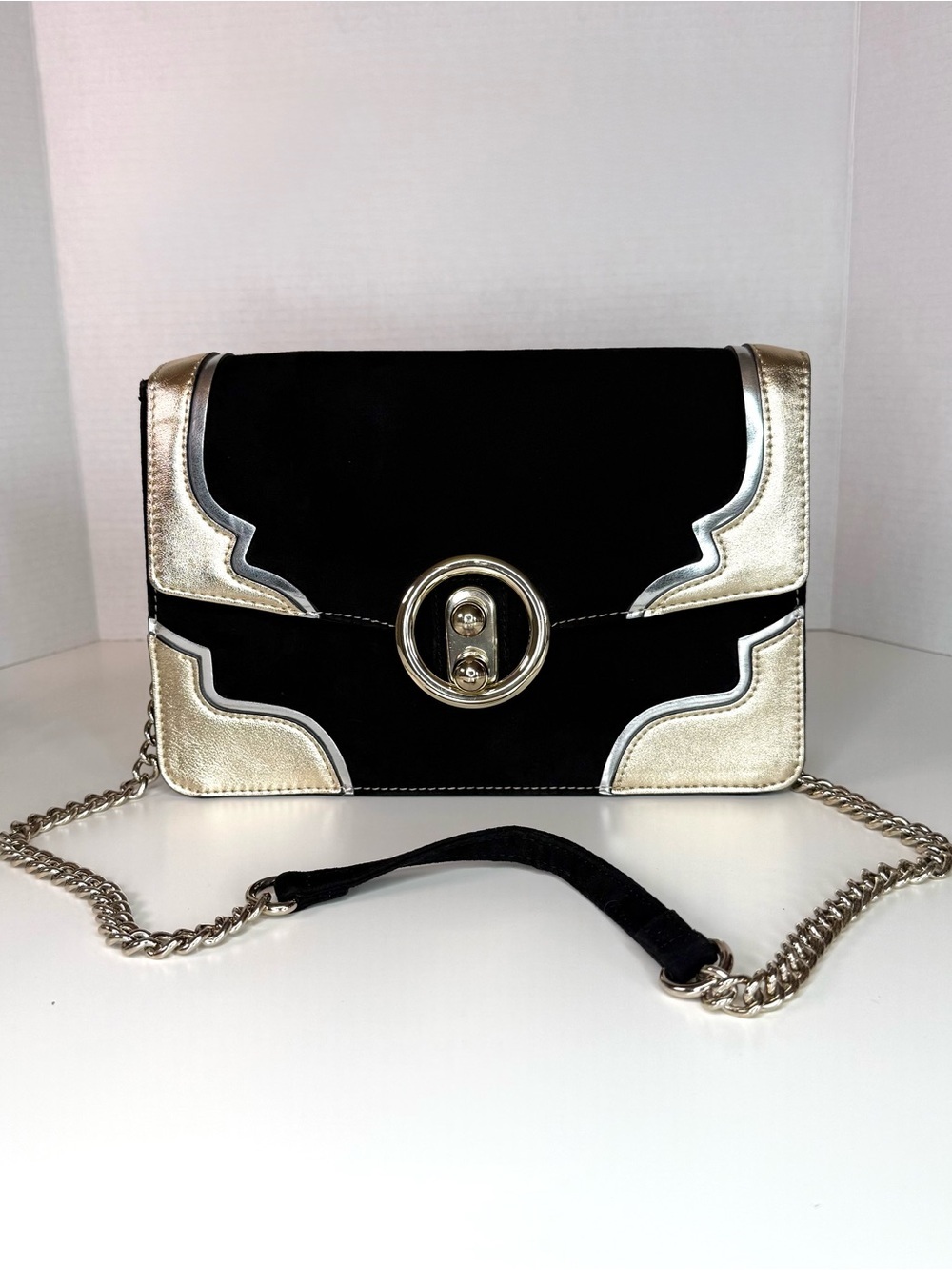 Express Women's Crossbody Mixed Media Black Velvet & Metallic Gold/Silver Bag